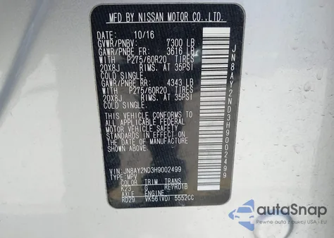 2017 Nissan Armada Platinum из США, поврежденный, VIN JN8AY2ND3H9002499